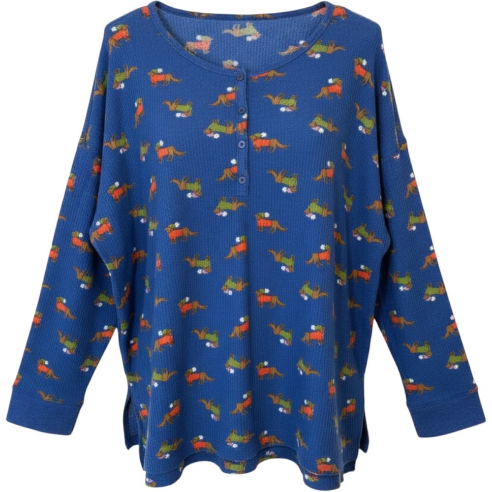 Aerie Womens Cotton Blend Waffle Knit Henley XL Blue Dachshund Dog Print Top